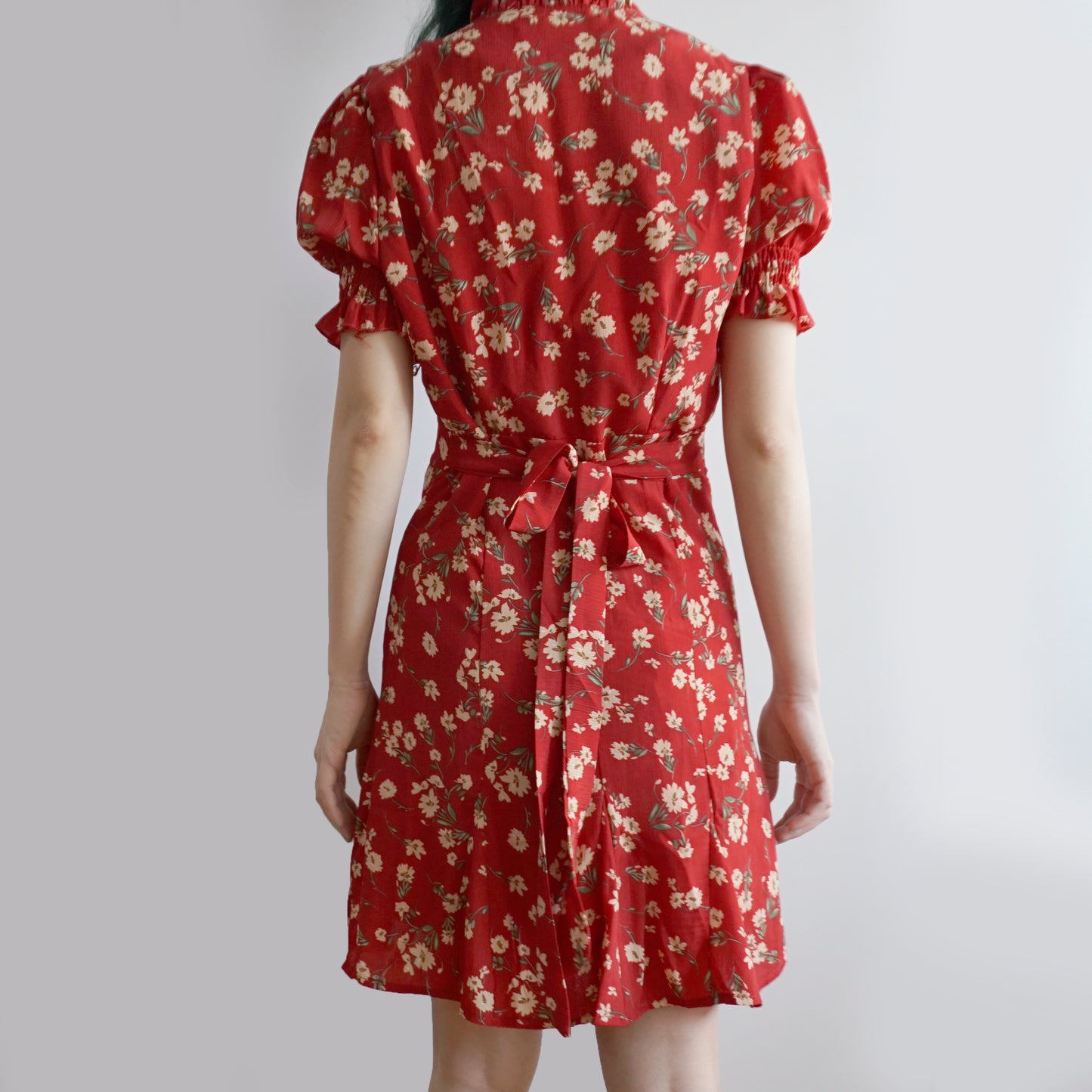 Floral Blossom Puff Sleeve Dress (Red)