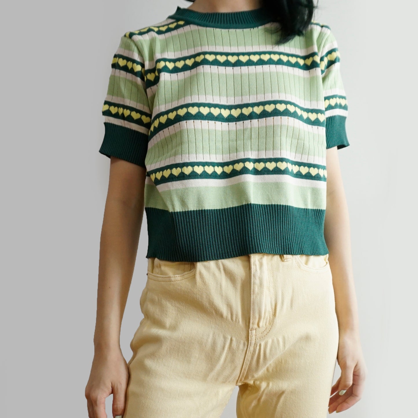 Retro Hearts Stripe Sweater (Green/Yellow)