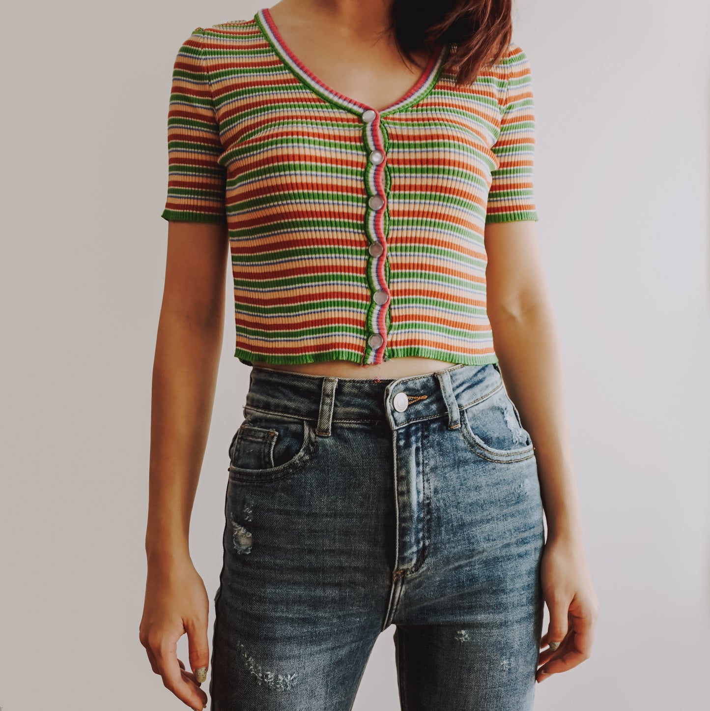 Button Up Rainbow Stripe Crop Top (2 Colors)