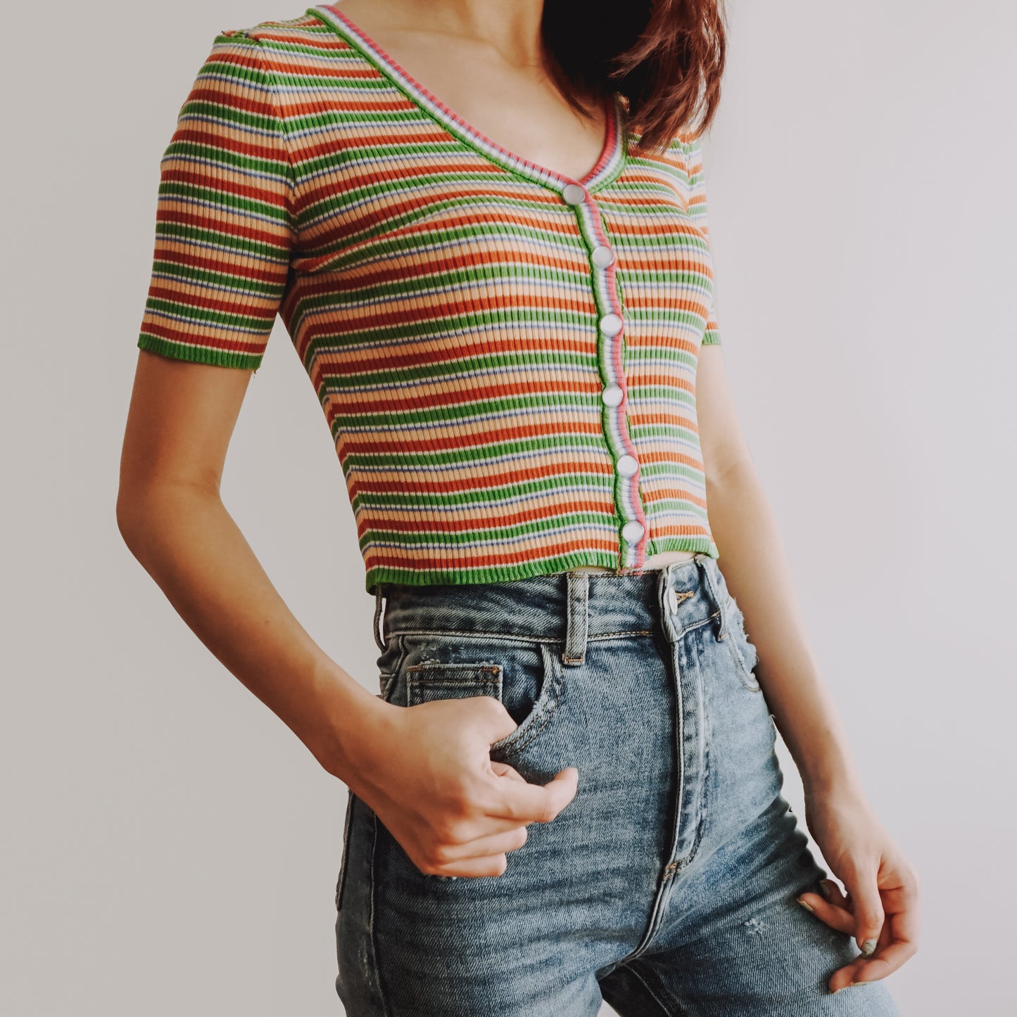 Button Up Rainbow Stripe Crop Top (2 Colors)