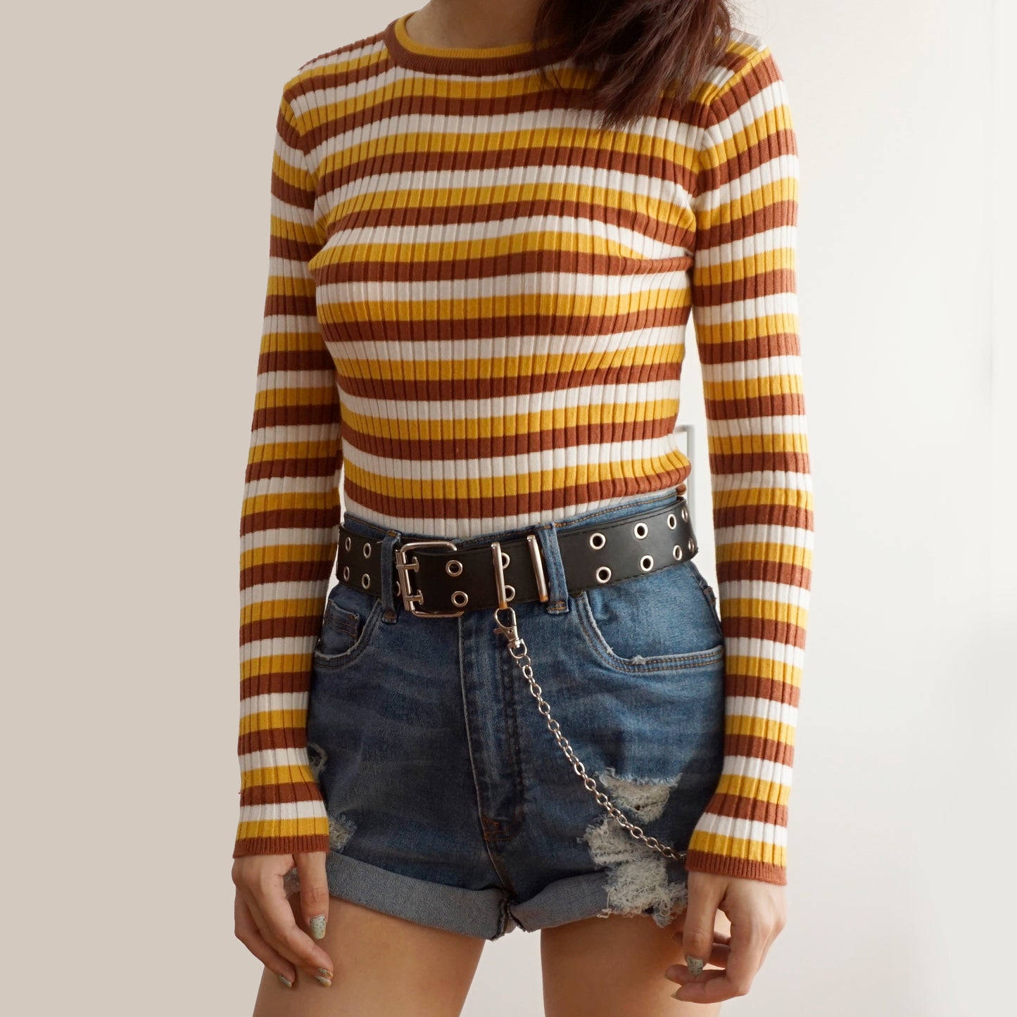 Colorblock Stripe Ribbed Sweater (Mustard/White)