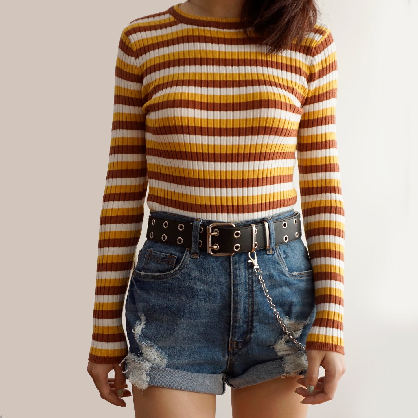 Colorblock Stripe Ribbed Sweater (Mustard/White)