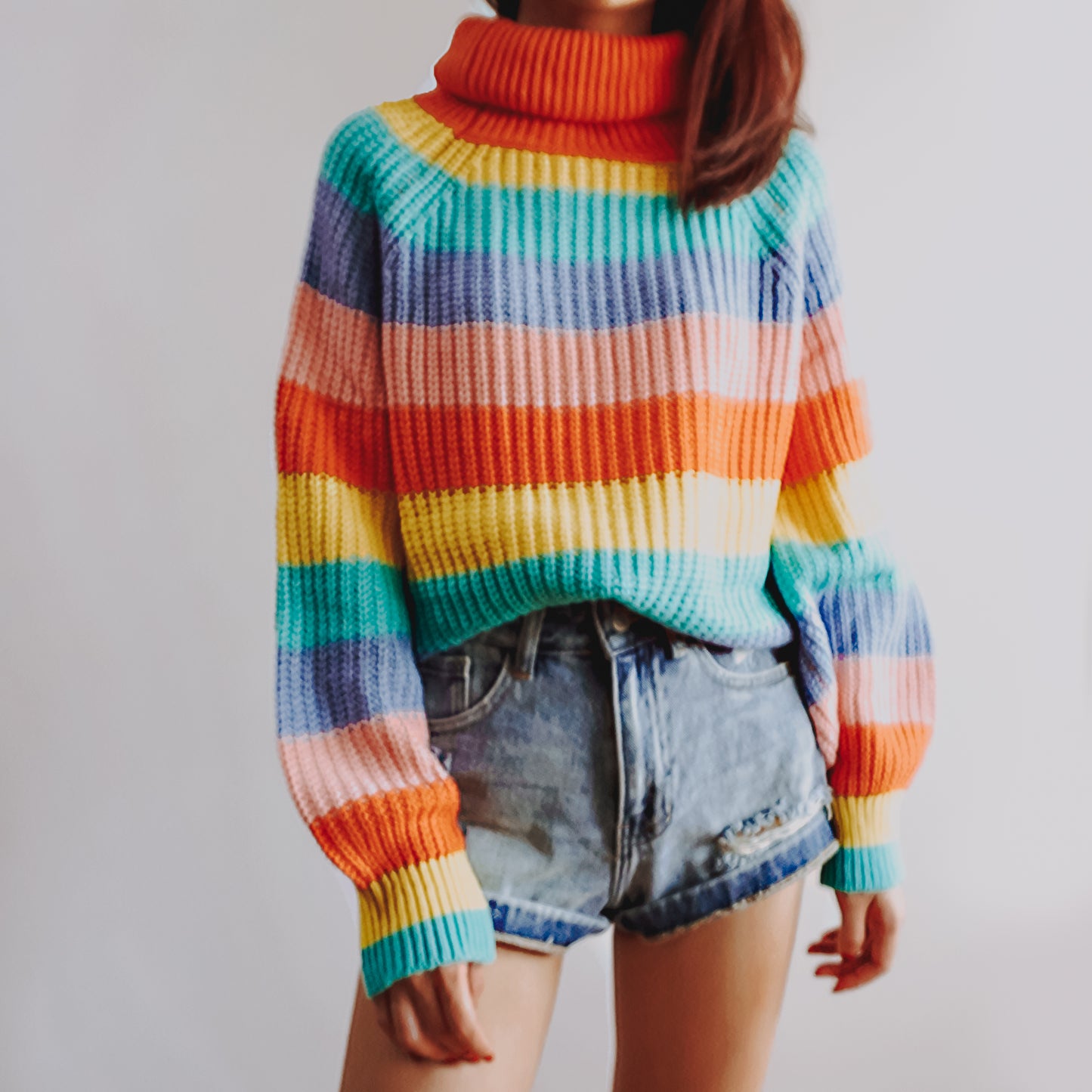 Pastel Turtleneck Stripe Sweater (Rainbow)