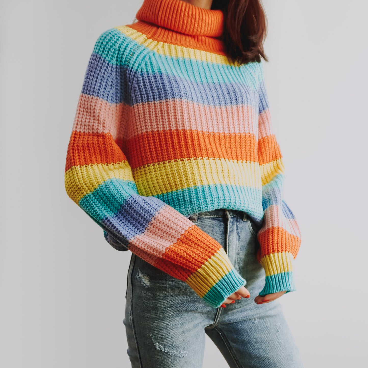 Pastel Turtleneck Stripe Sweater (Rainbow)