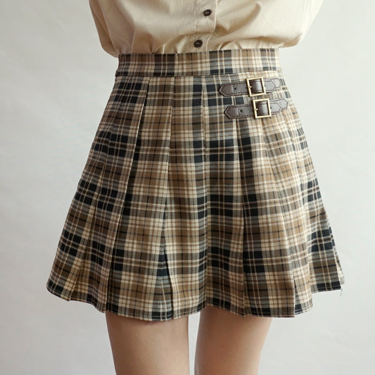 Buckle Plaid Tennis Skirt (Khaki)