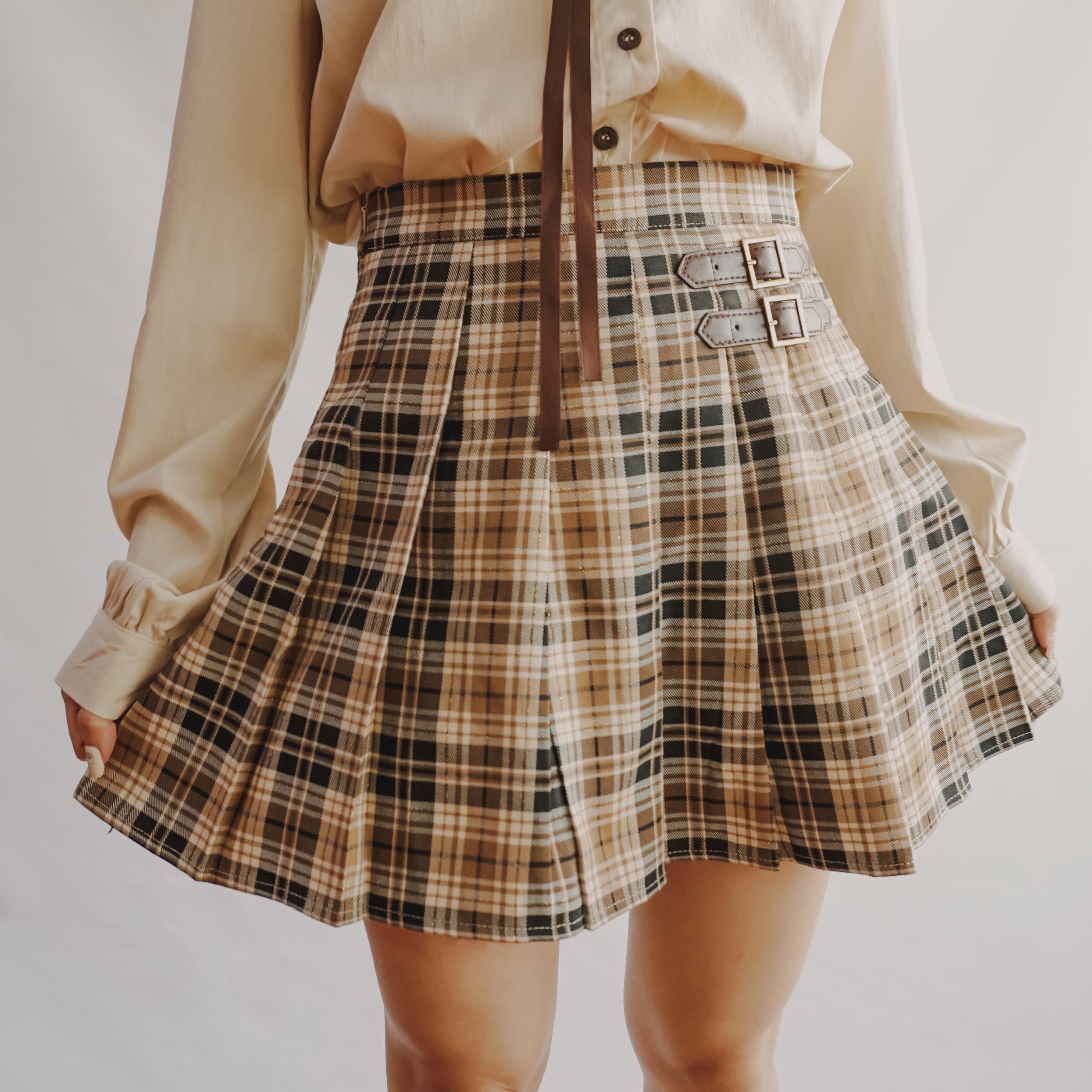 Buckle Plaid Tennis Skirt Khaki Megoosta Fashion