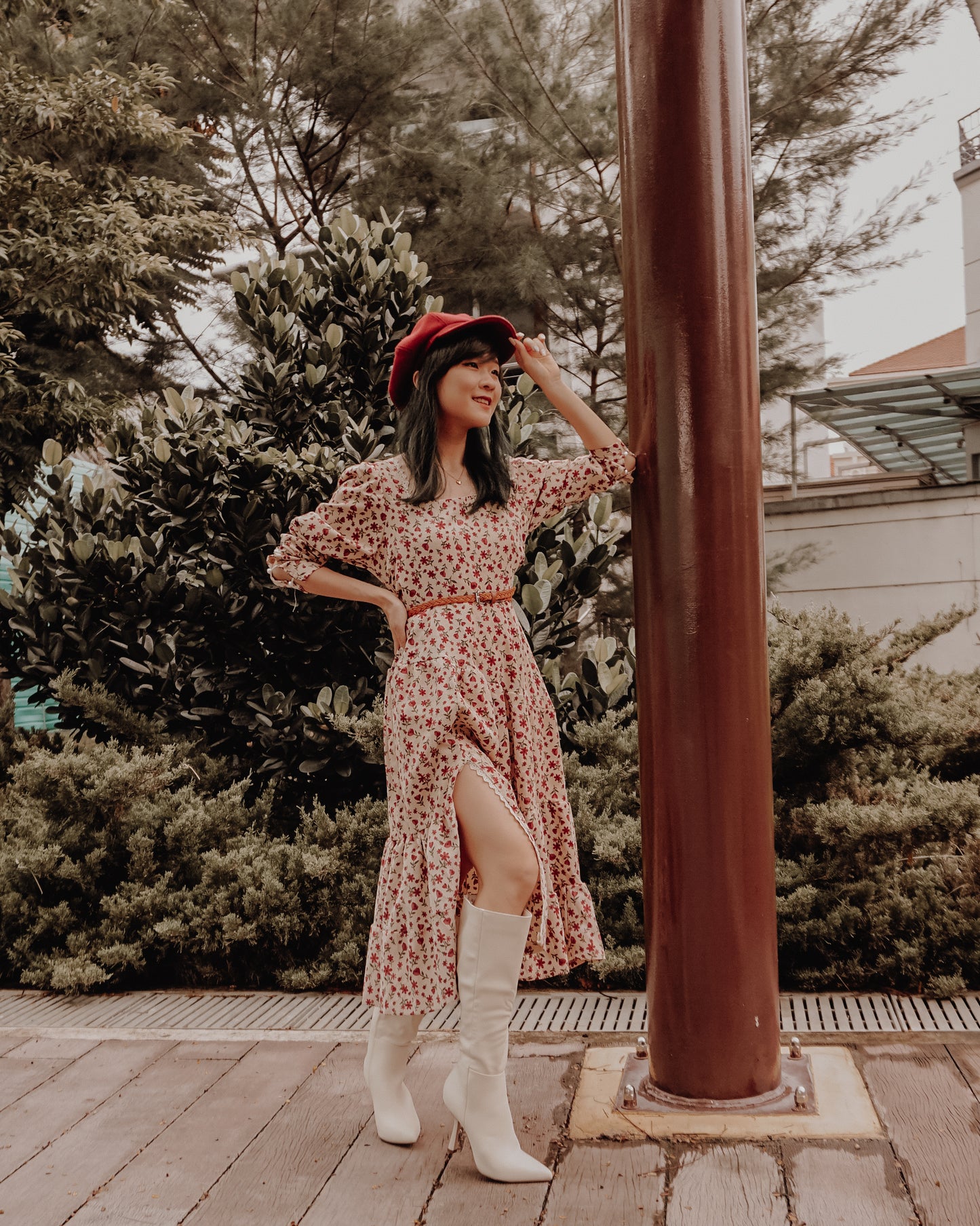 Sweet Floral Corduroy Midi Dress (Cream/Pink)