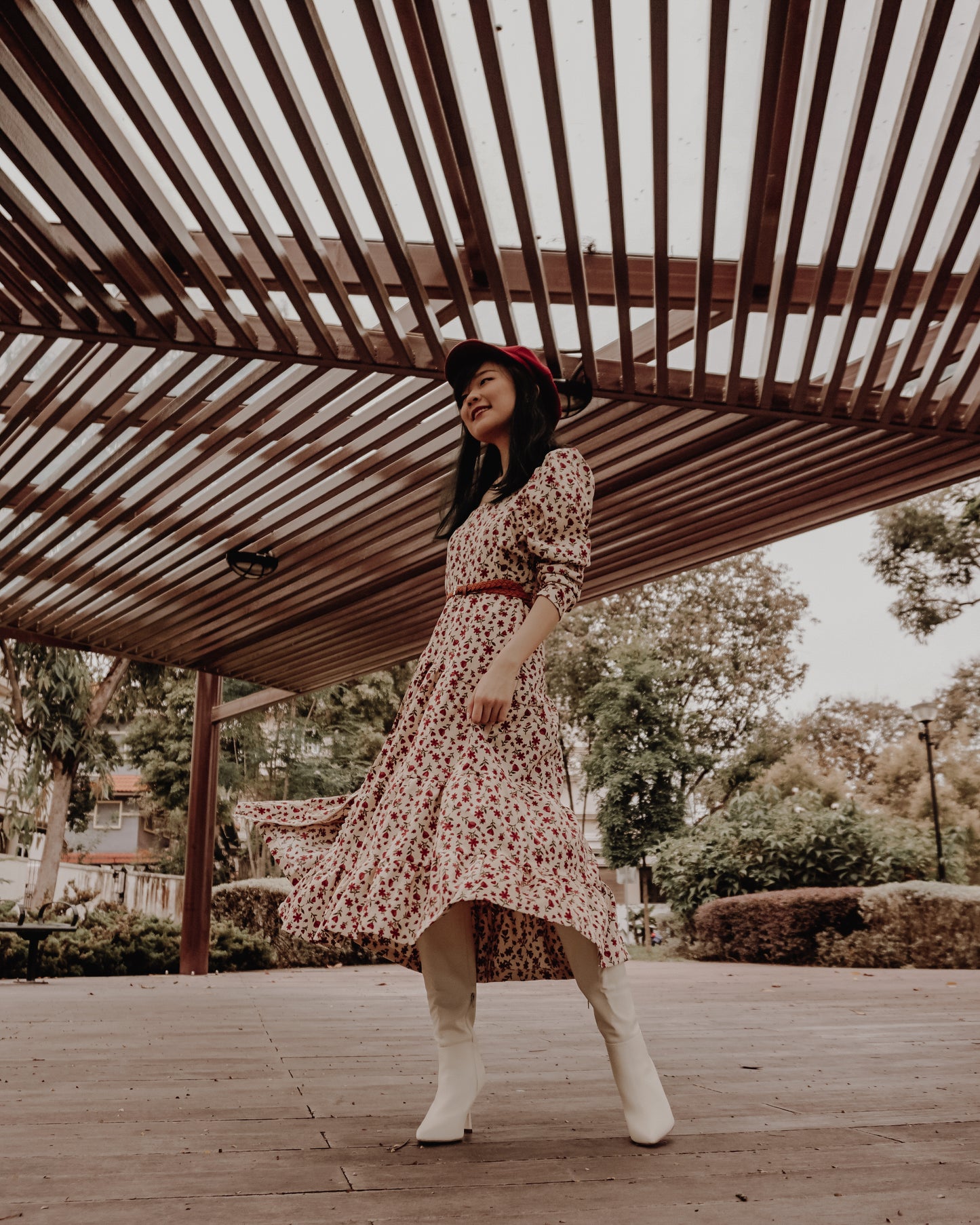 Sweet Floral Corduroy Midi Dress (Cream/Pink)