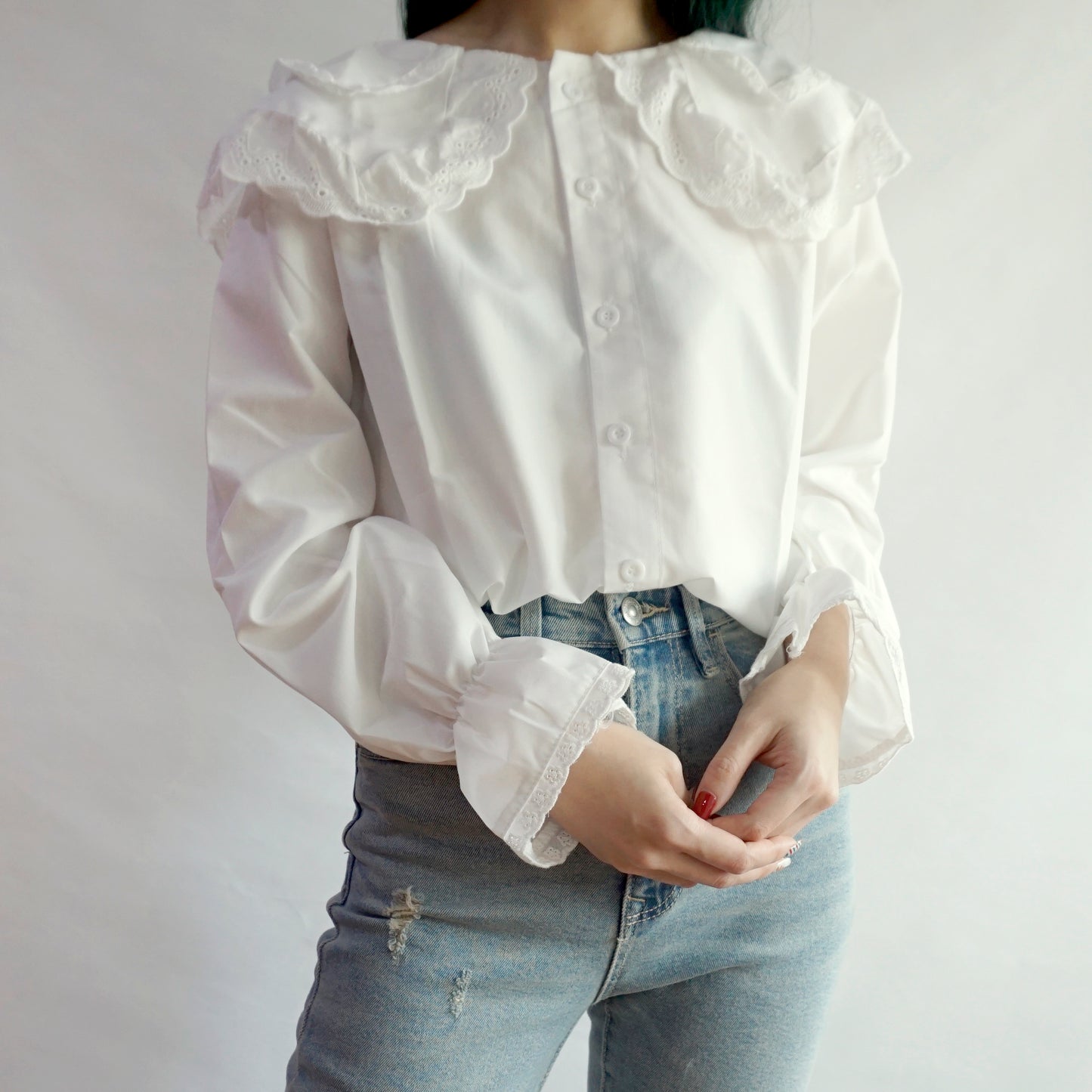 Floral Eyelet Double Peter Pan Button Up Shirt (White)