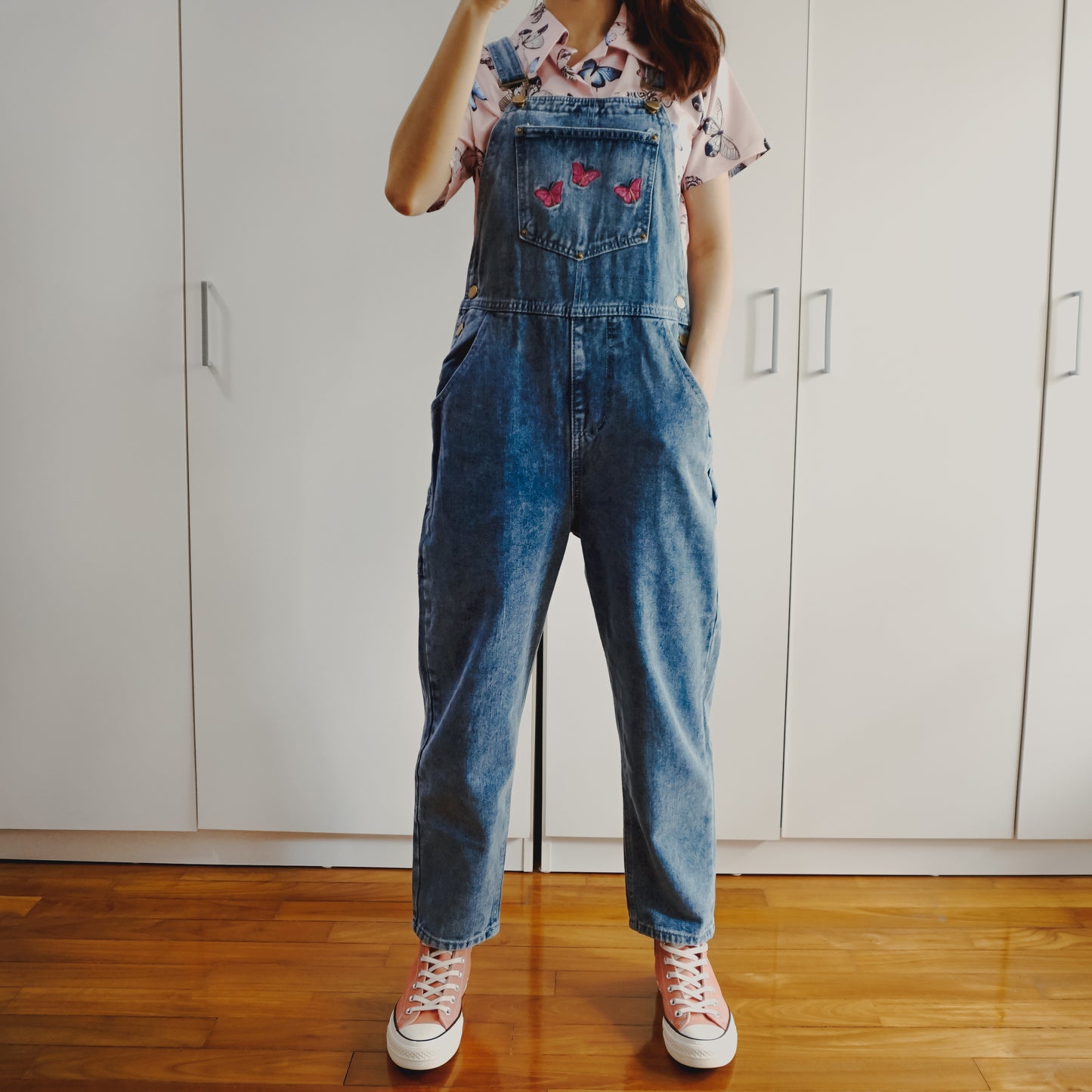 Butterfly Denim Overalls (Medium Blue)