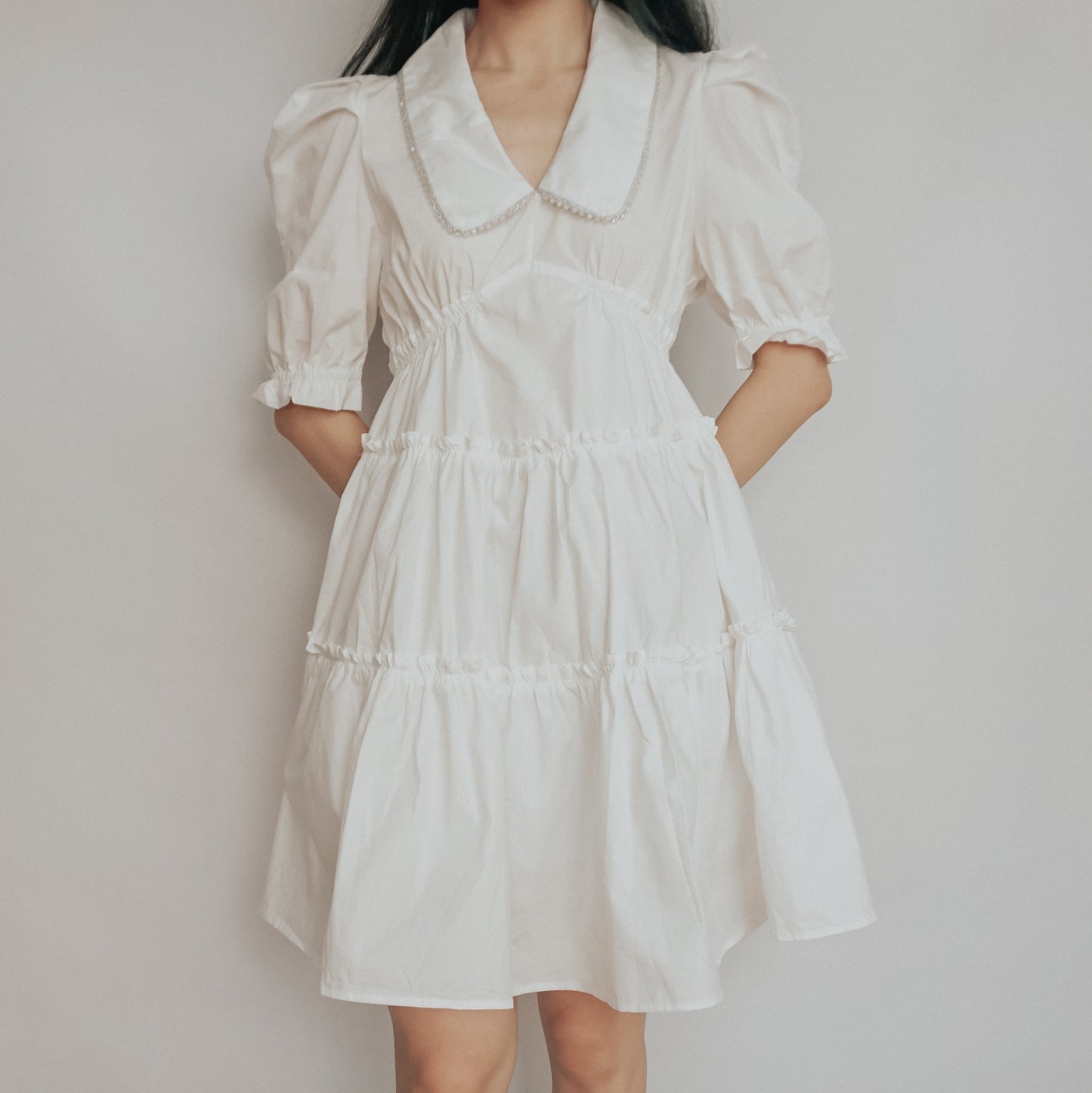 Peter Pan Collar Tiered Dress (White)