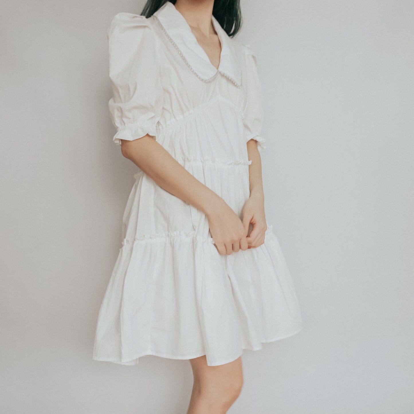 Peter Pan Collar Tiered Dress (White)