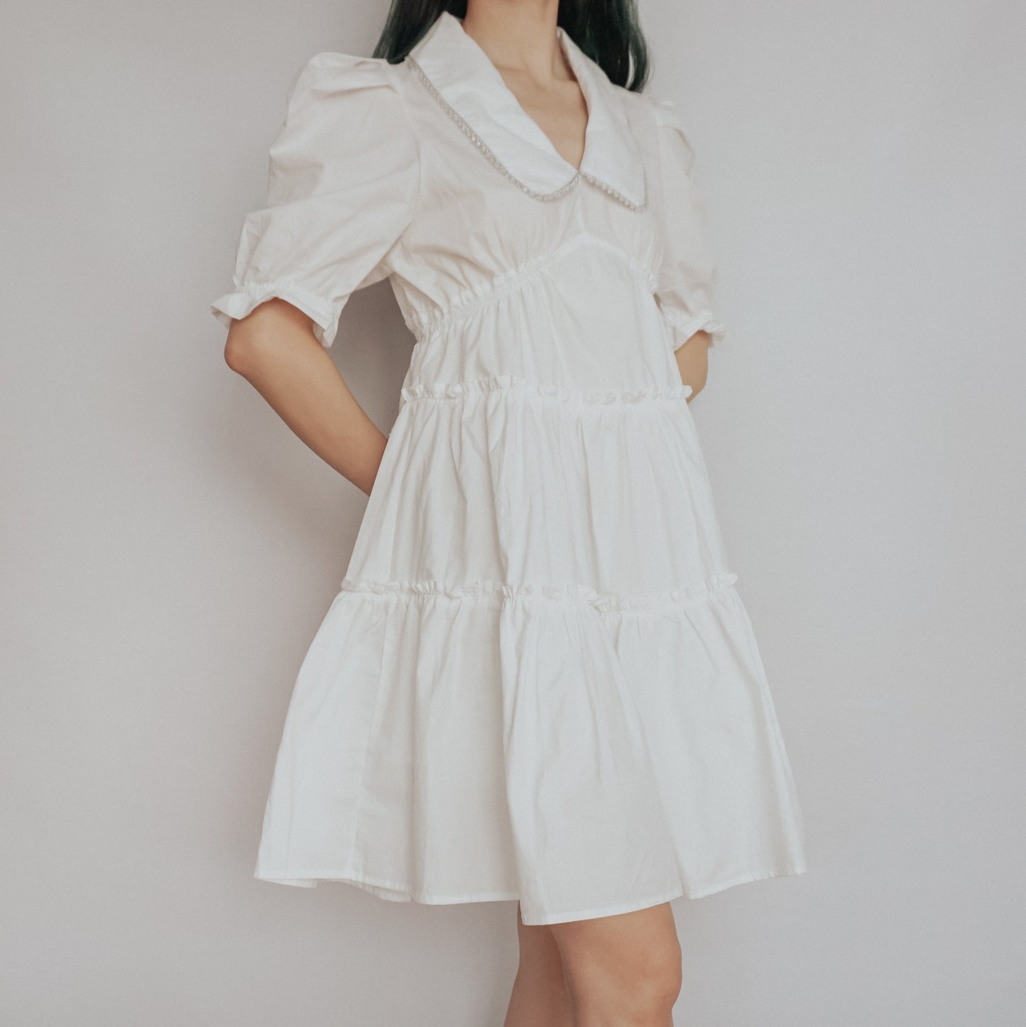 Peter Pan Collar Tiered Dress (White)