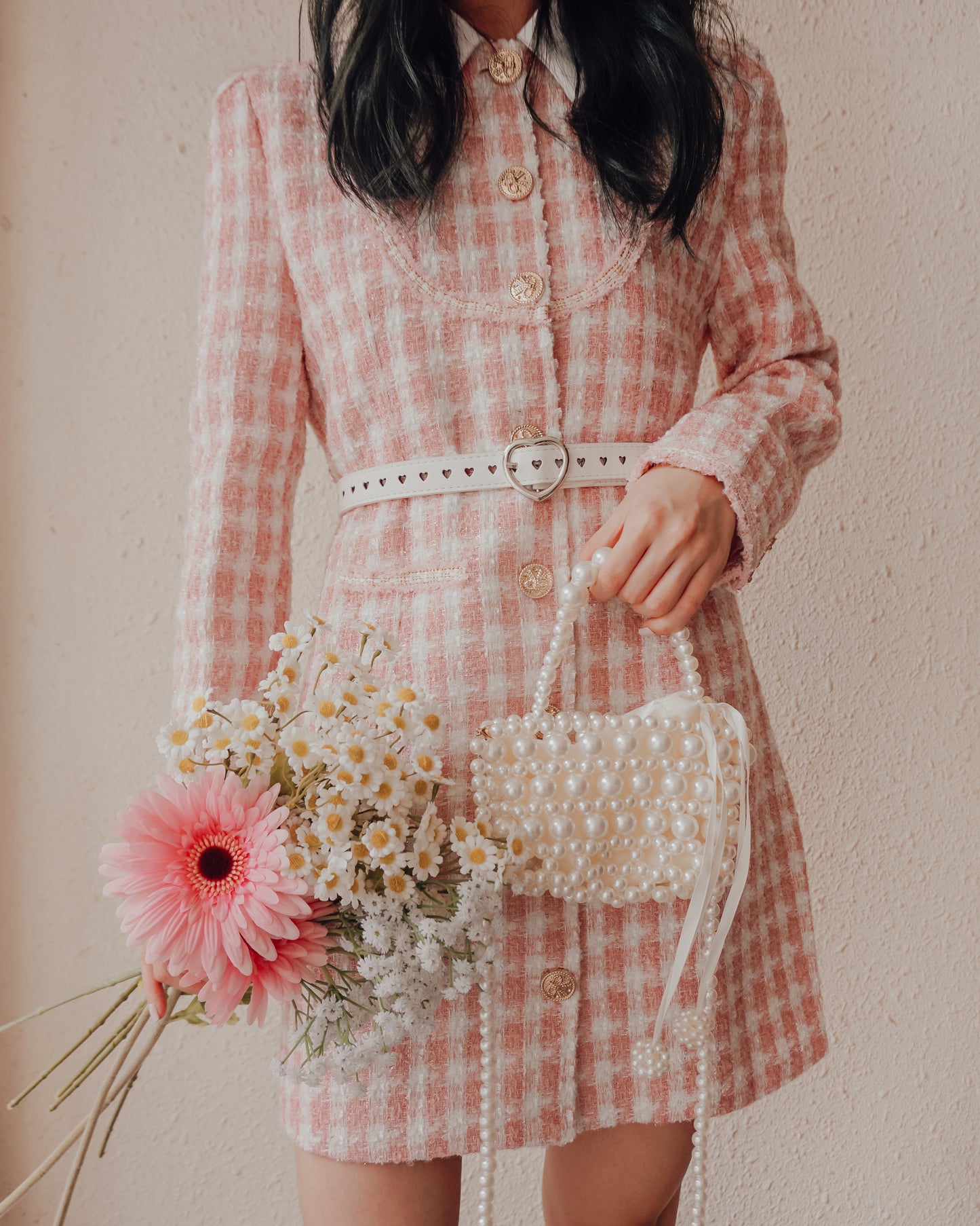 Preppy Tweed Button Up Dress (Pink)