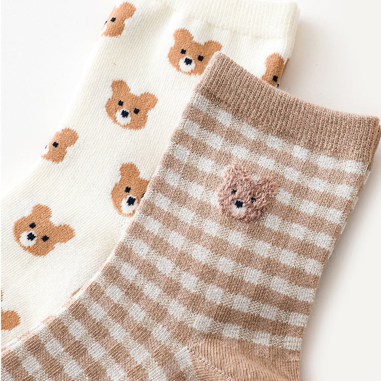 Gingham Bear Sock Set (White/Brown)