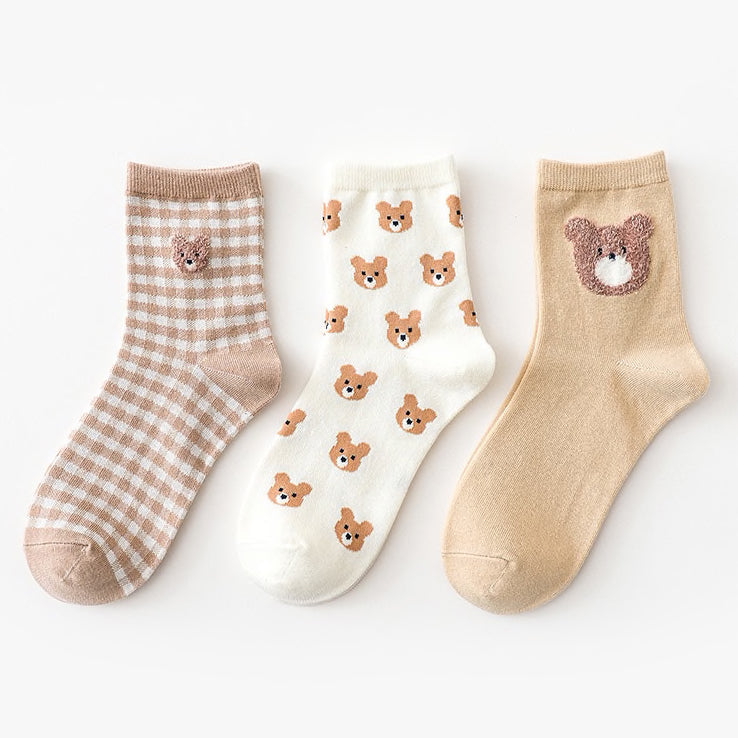 Gingham Bear Sock Set (White/Brown)