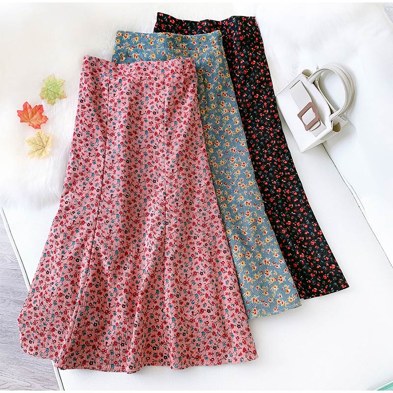 Corduroy Ditsy Floral Midi Skirt (3 Colors)