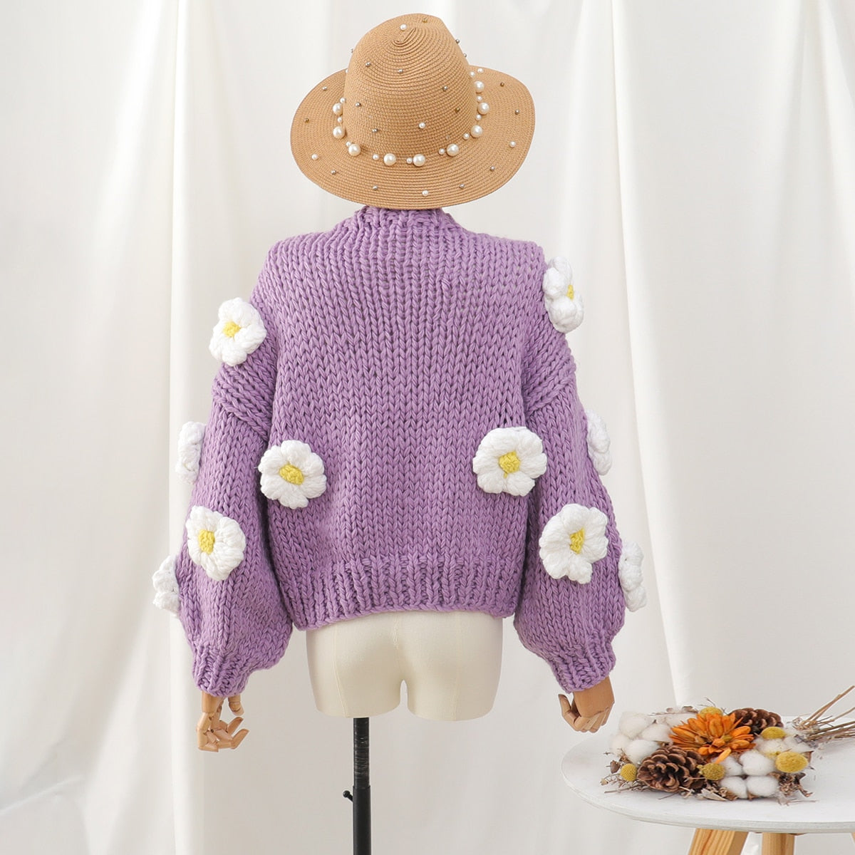 Chunky Daisy Cropped Cardigan (Purple)