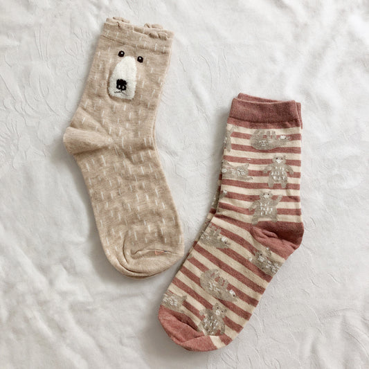 Bear Stripe Sock Set (Khaki/Pink)