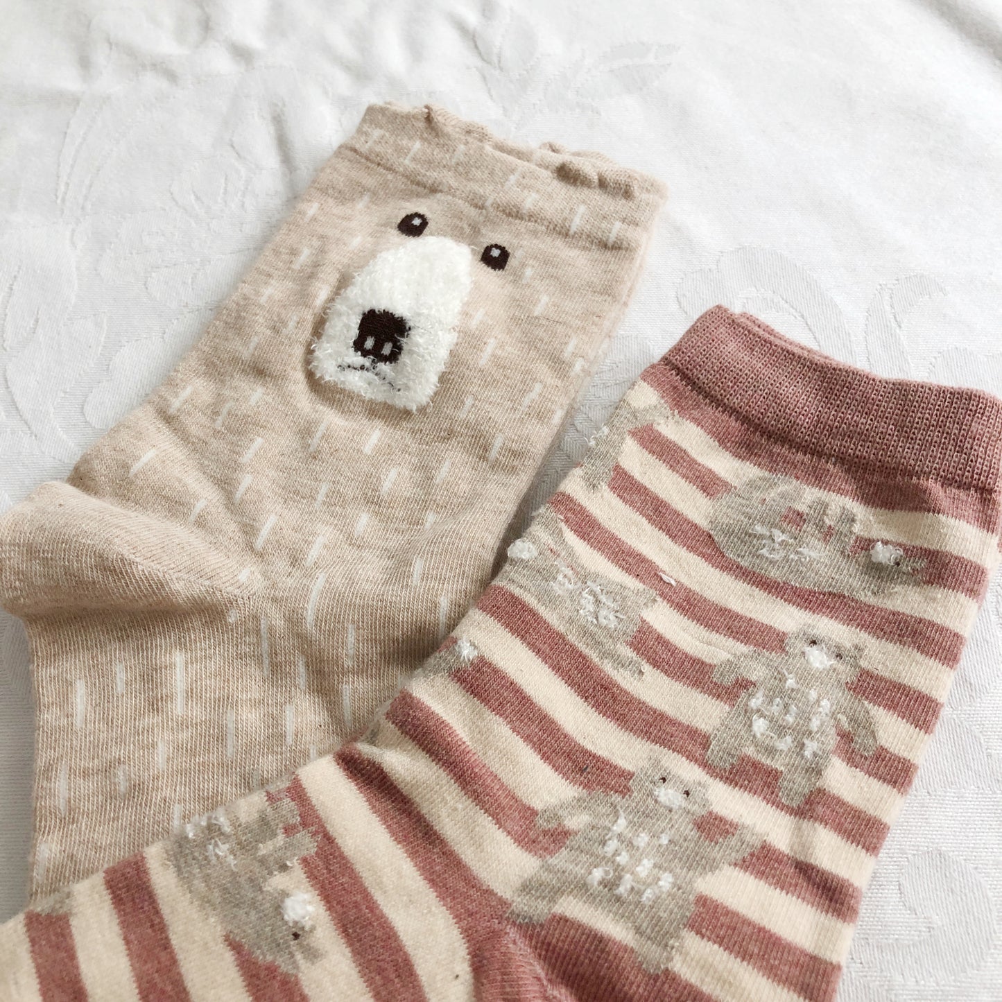 Bear Stripe Sock Set (Khaki/Pink)