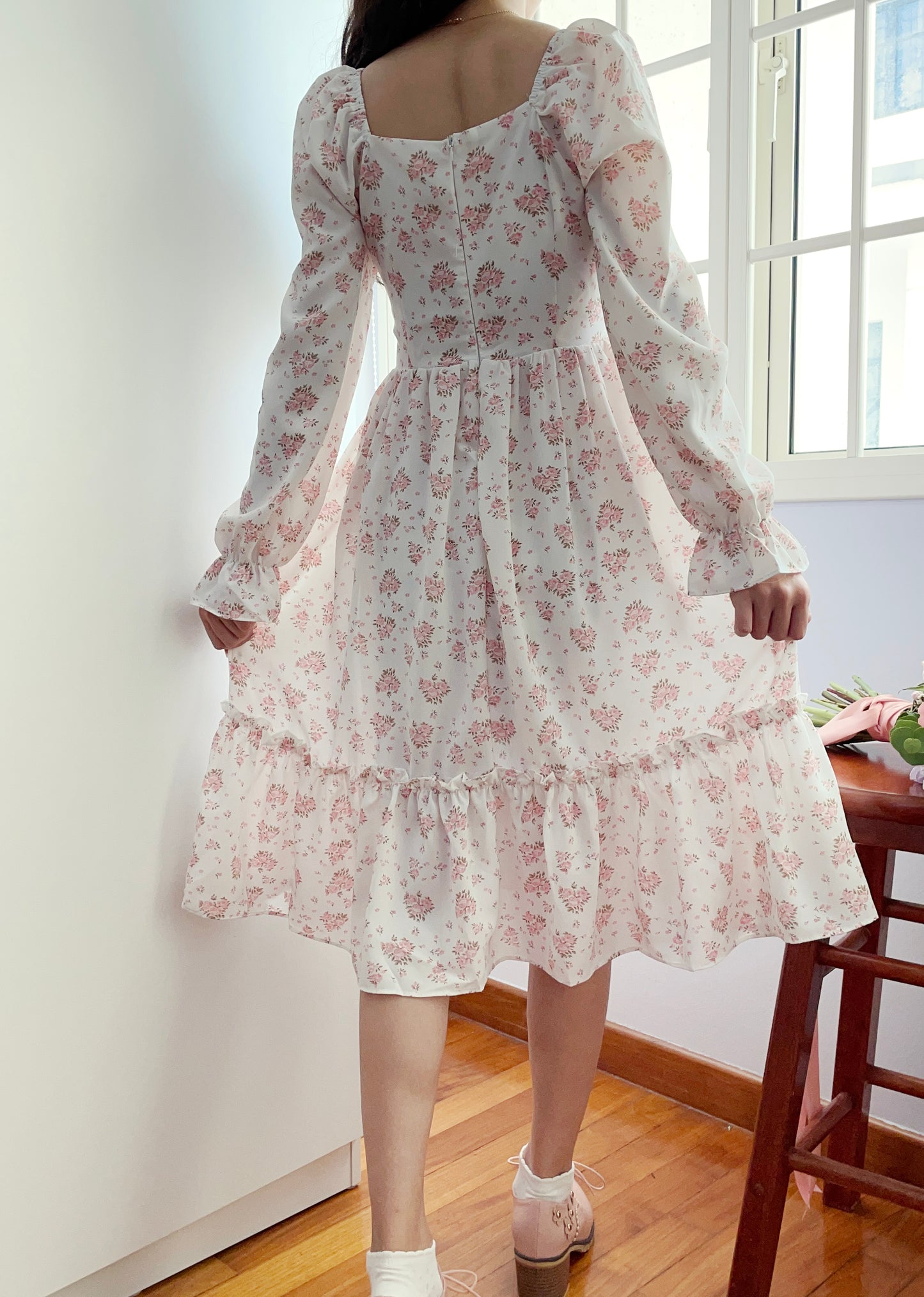 Sweet Rose Corset Midi Dress (White/Pink)