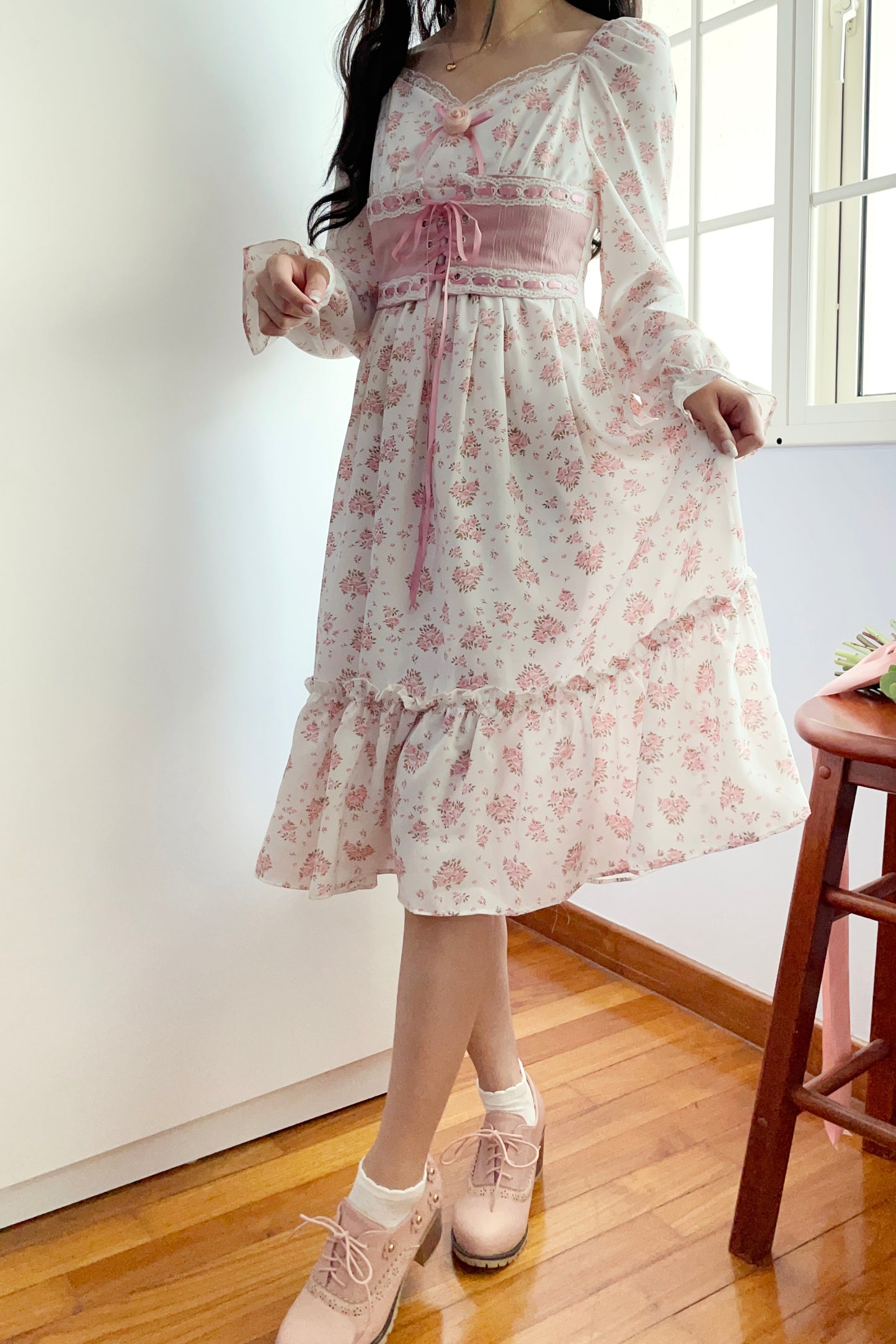 Sweet Rose Corset Midi Dress (White/Pink)