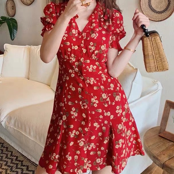 Floral Blossom Puff Sleeve Dress (Red)