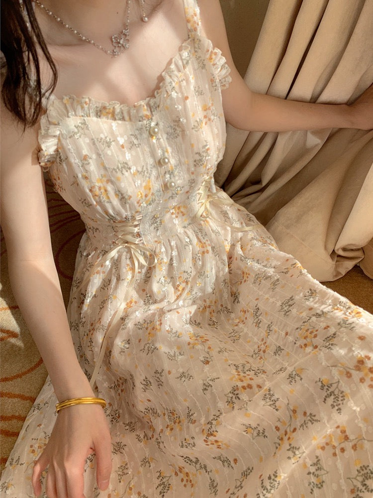Ditsy Floral Lace Up Midi Dress (Cream/Yellow)