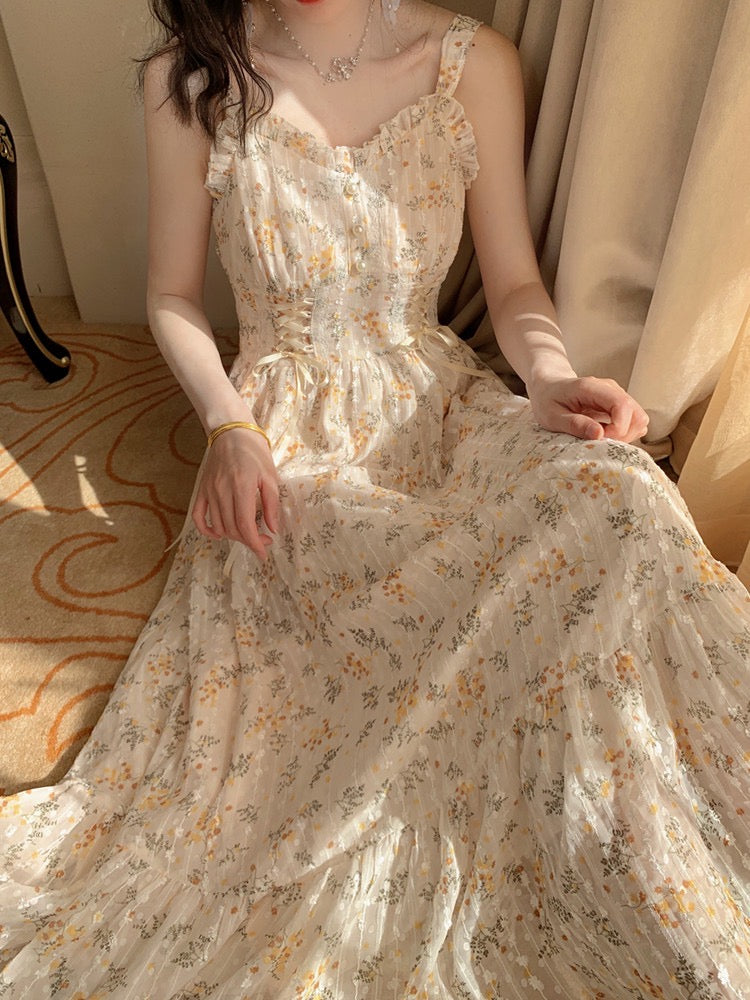 Ditsy Floral Lace Up Midi Dress (Cream/Yellow)