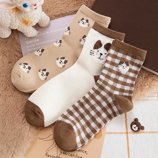 Gingham Cat Sock Set (Brown)