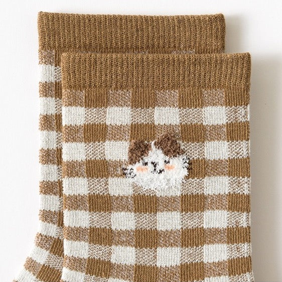Gingham Cat Sock Set (Brown)