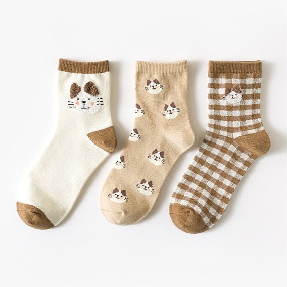 Gingham Cat Sock Set (Brown)