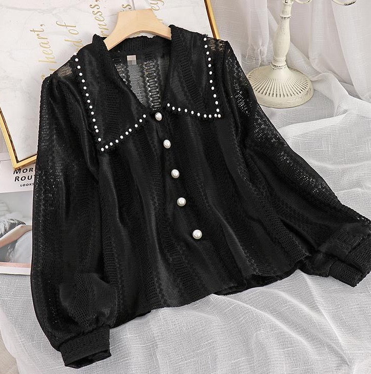 Pointy Collar Lace Button Up Shirt (3 Colors)