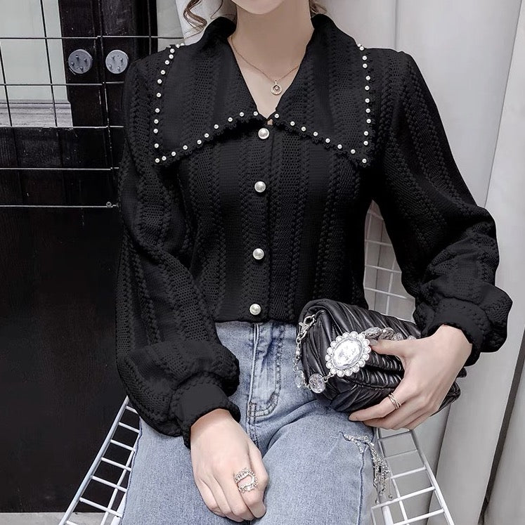 Pointy Collar Lace Button Up Shirt (3 Colors)