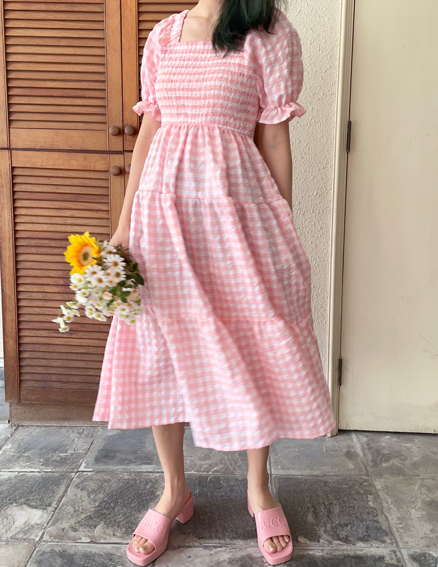 Puff Sleeve Gingham Tiered Dress (2 Colors)