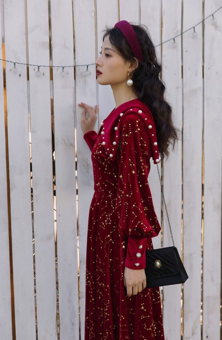 Peter Pan Constellation Velvet Midi Dress (Red)