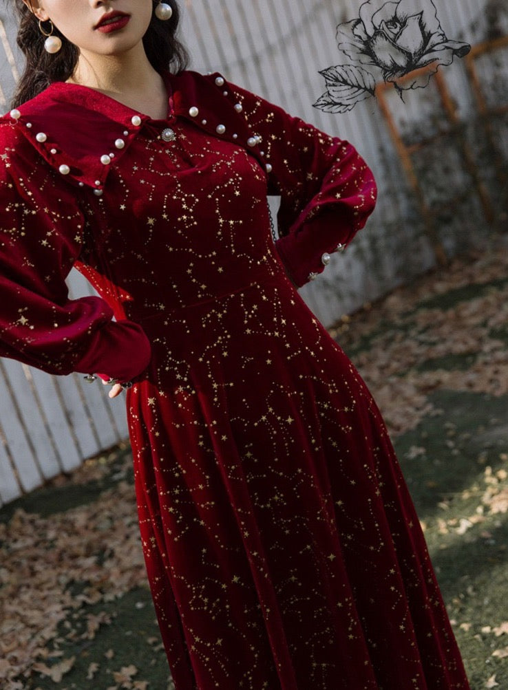 Peter Pan Constellation Velvet Midi Dress (Red)