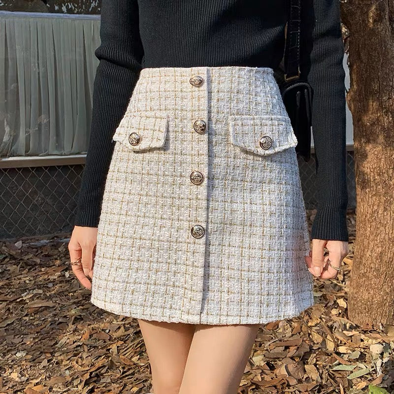 Button Tweed Mini Skirt 2 Colors Megoosta Fashion