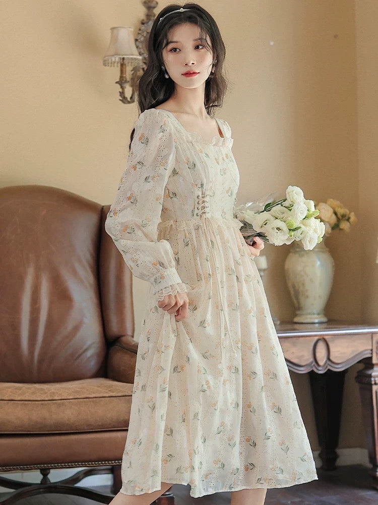 Flower Blossom Lace Up Midi Dress (Cream)