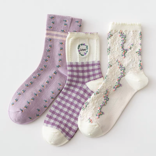 Floral Love Sock Set (White/Purple)