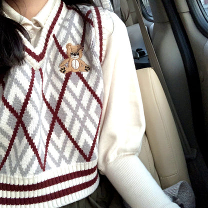 Bear Plaid Sweater/Vest (Maroon/Gray)