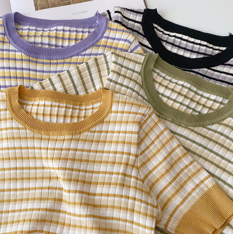 Short Sleeve Stripe Sweater (4 Colors)