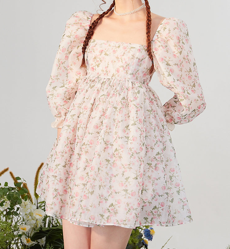 Rose Tea Reversible Mini Puff Dress (White)