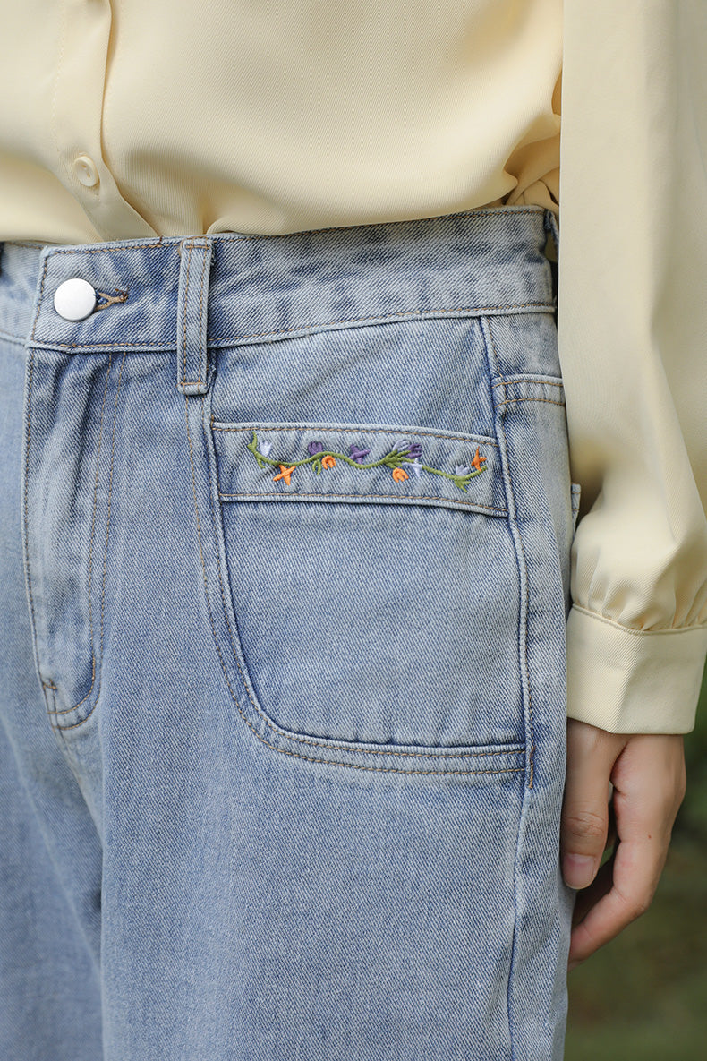 Embroidered Flower Vines Jeans (Light Denim)