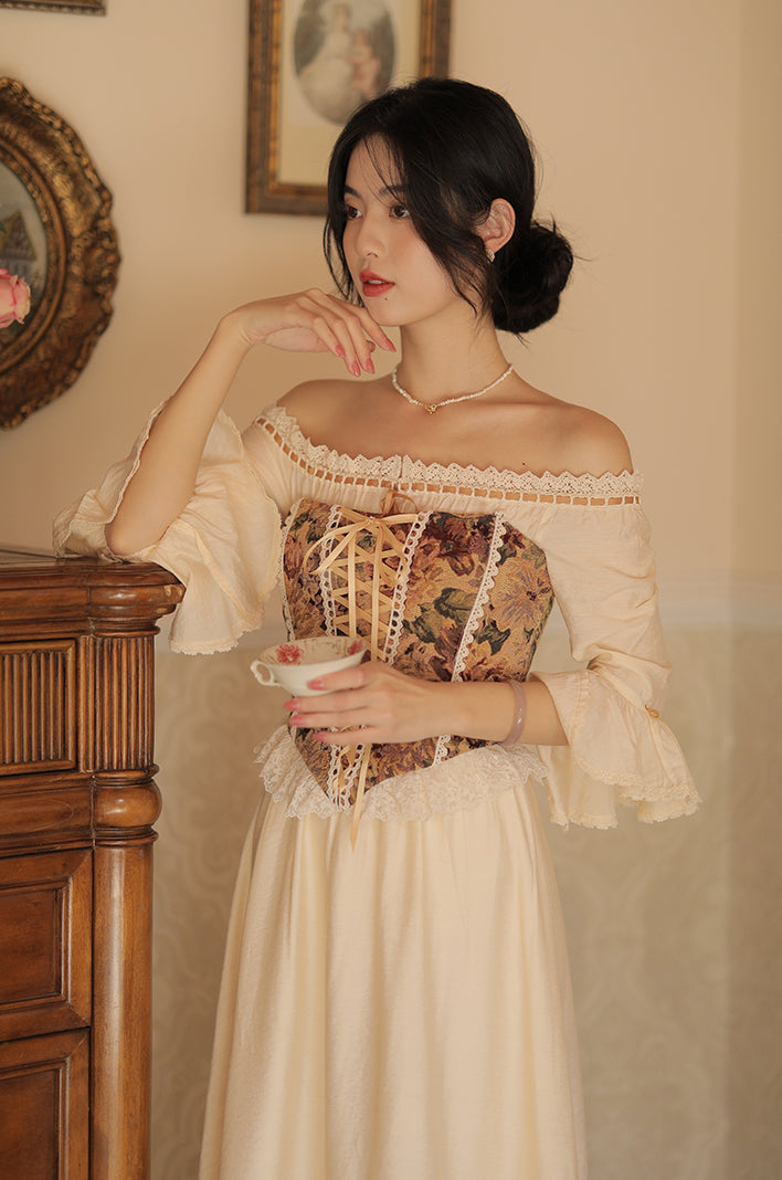 Rustic Floral Lace Up Corset (Beige)