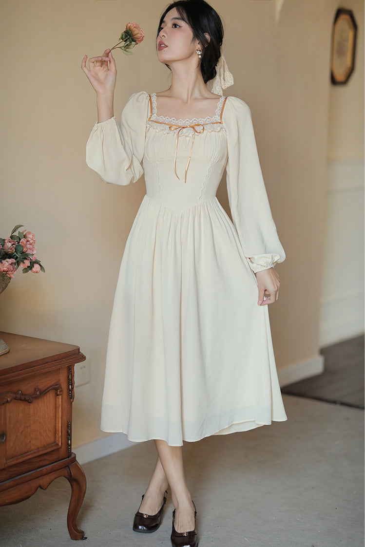 Basic Lace Square Neck Midi Dress (Cream)