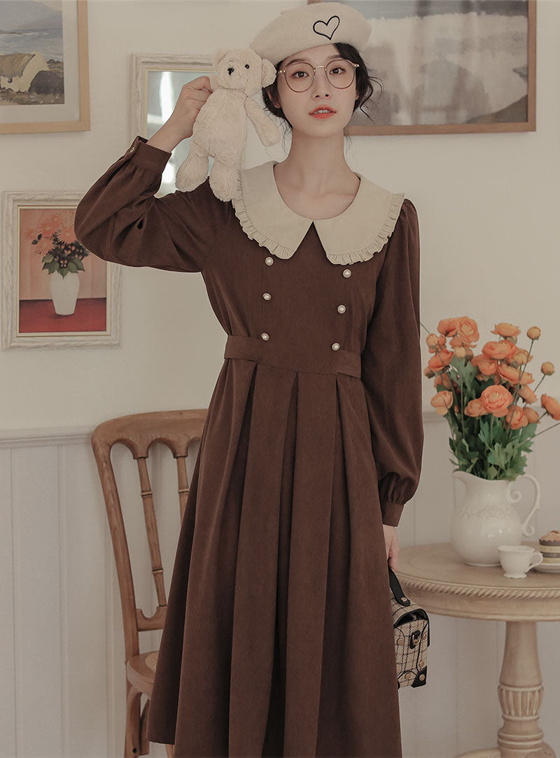 Corduroy Suede Peter Pan Midi Dress (3 Colors)