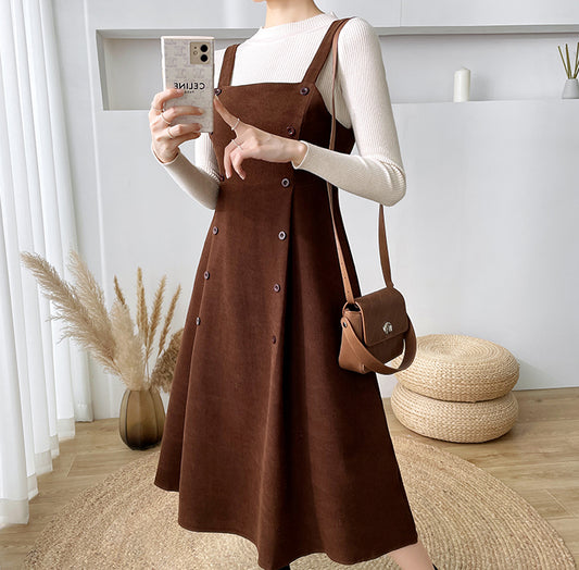 Corduroy Suede Double Button Cami Dress (2 Colors)