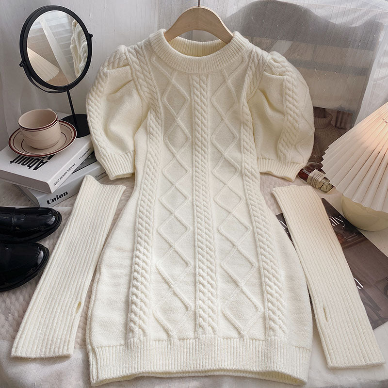 Puff Sleeve Cable Knit Sweater Dress (4 Colors)