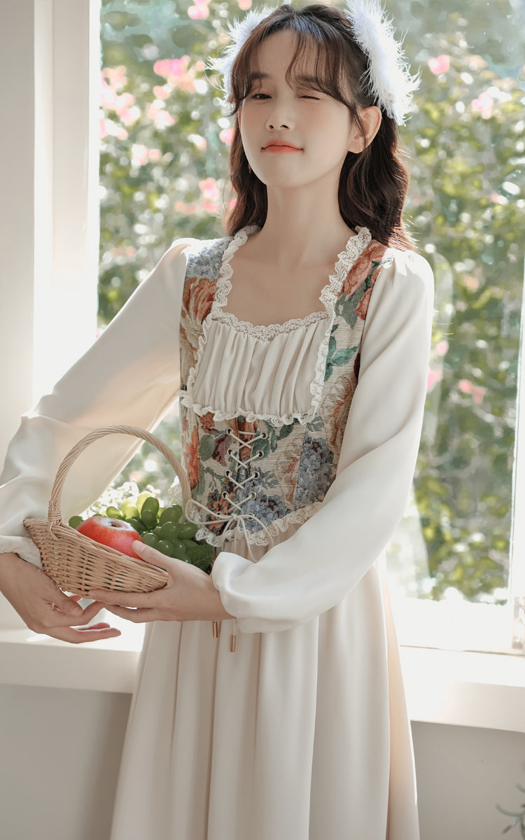 Floral Tapestry Jacquard Corset Dress (White) – Megoosta Fashion